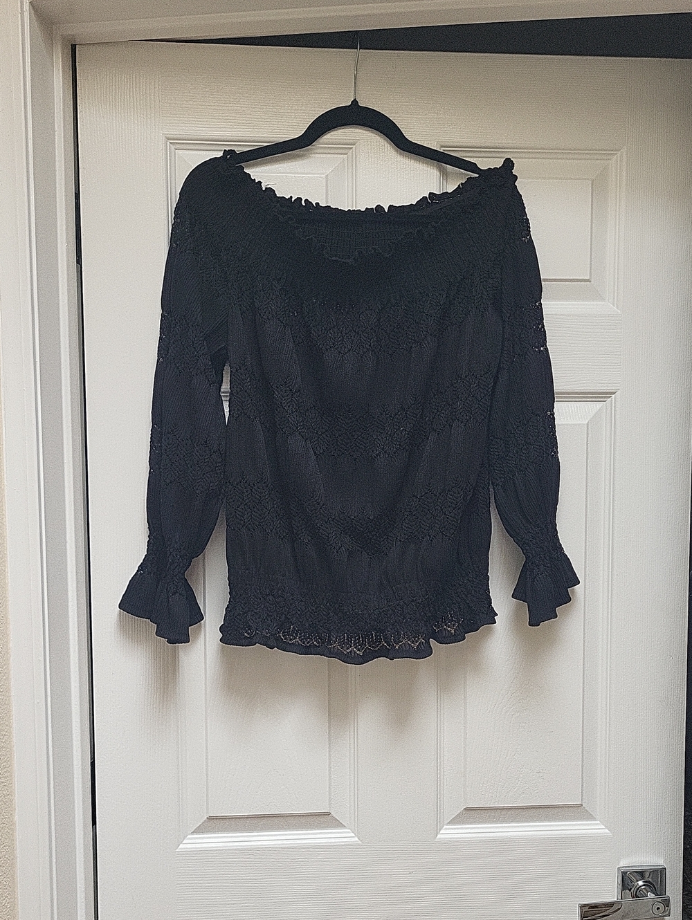 Women's Black Lace Off-Shoulder Blouse with Ruffle Cuffs
